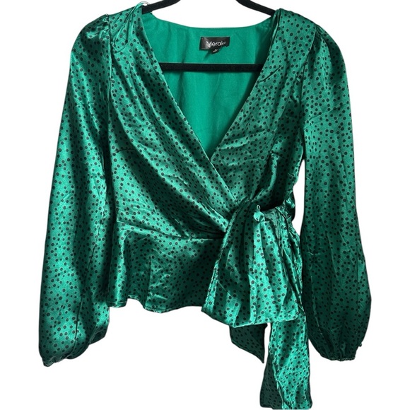 Meraki Green Polka Dot Satin Faux Wrap Long Sleeve Top Waist Tie Size Medium - Picture 3 of 3